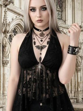 Black Lace Halter Babydoll Top - Gothic Women's Blouse